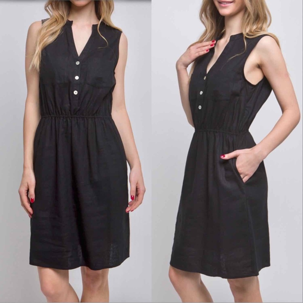 LINEN BLEND SLEEVELESS V NECK DRESS WITH POCKETS - BLACK - Picture 2 of 4